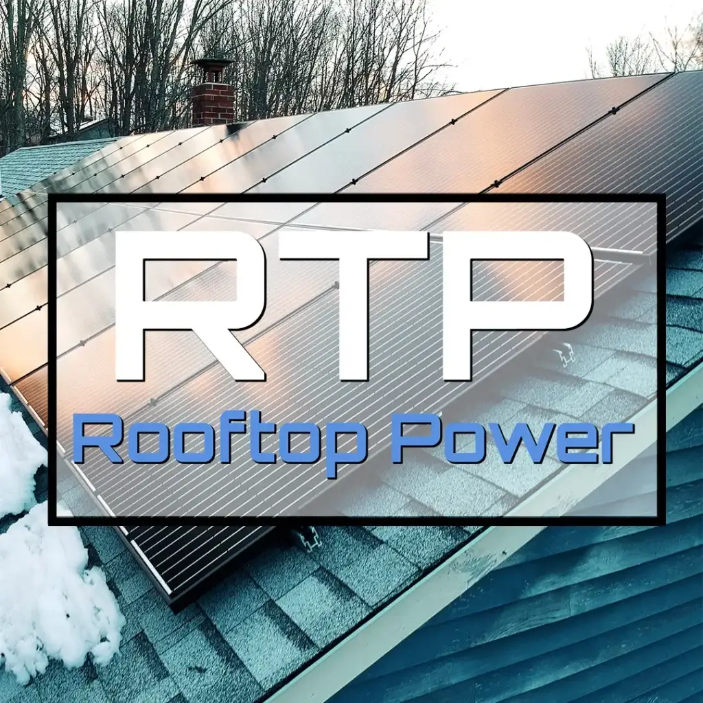 Rooftop solar panels and RTP logo for renewable energy in Rhode Island.