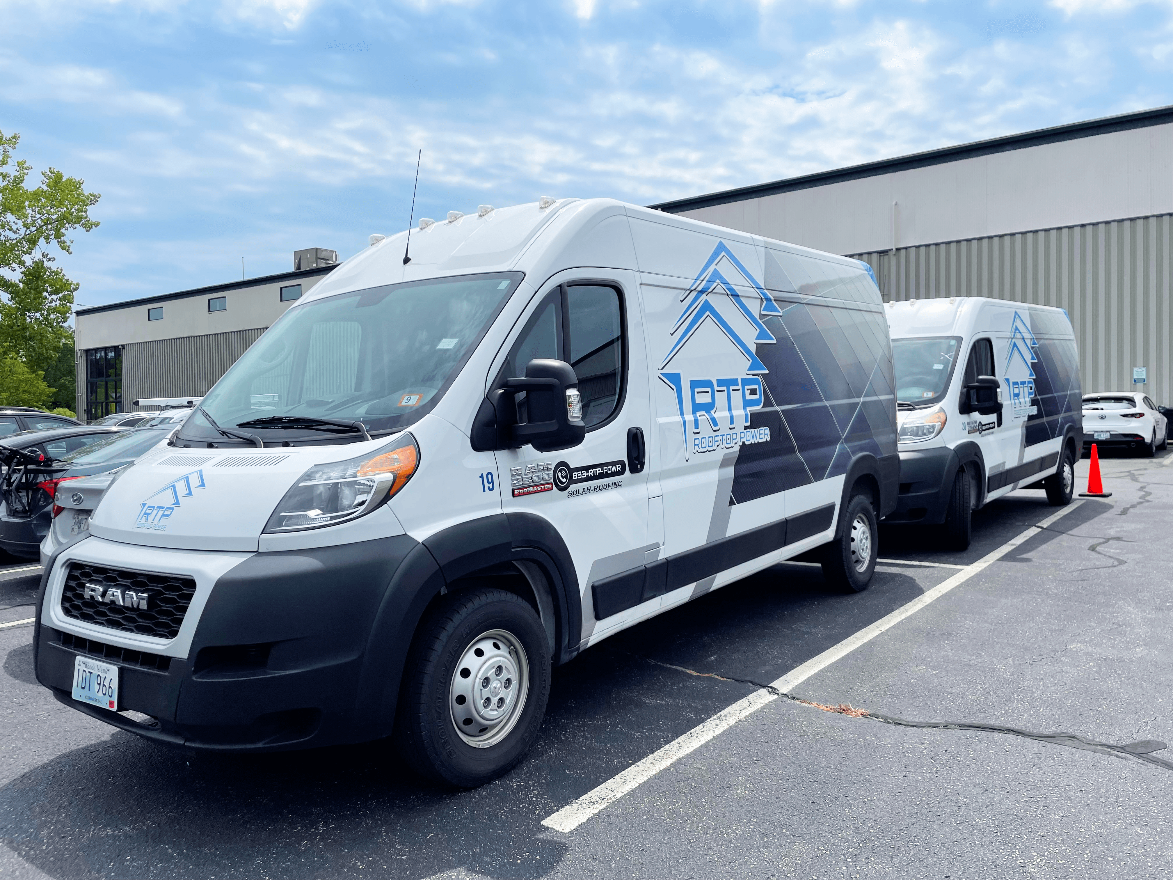 Rooftop Power service vans and equipment for solar panel maintenance and repair.