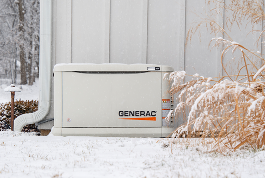 Reliable Generac generator providing backup power during winter weather.
