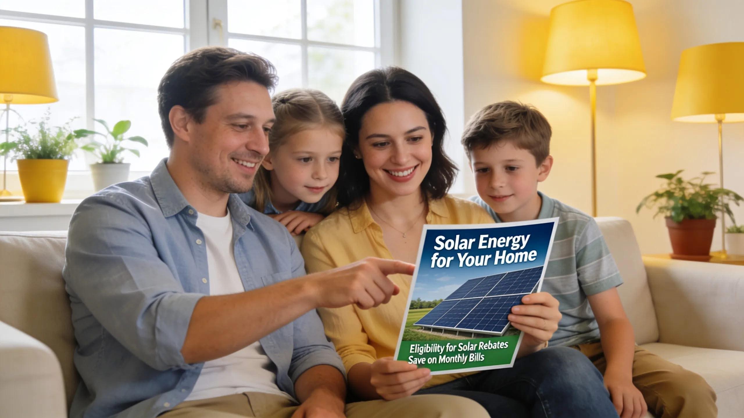 Family reviewing solar energy brochure detailing Massachusetts solar rebates and eligibility.