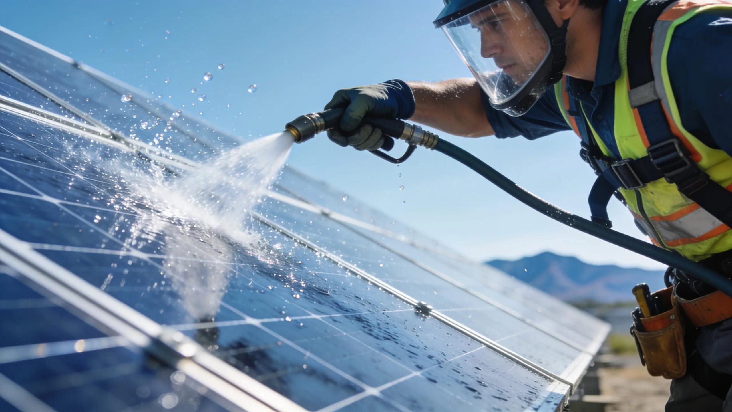 Technician cleaning solar panels, demonstrating essential maintenance practices for longevity in New England
