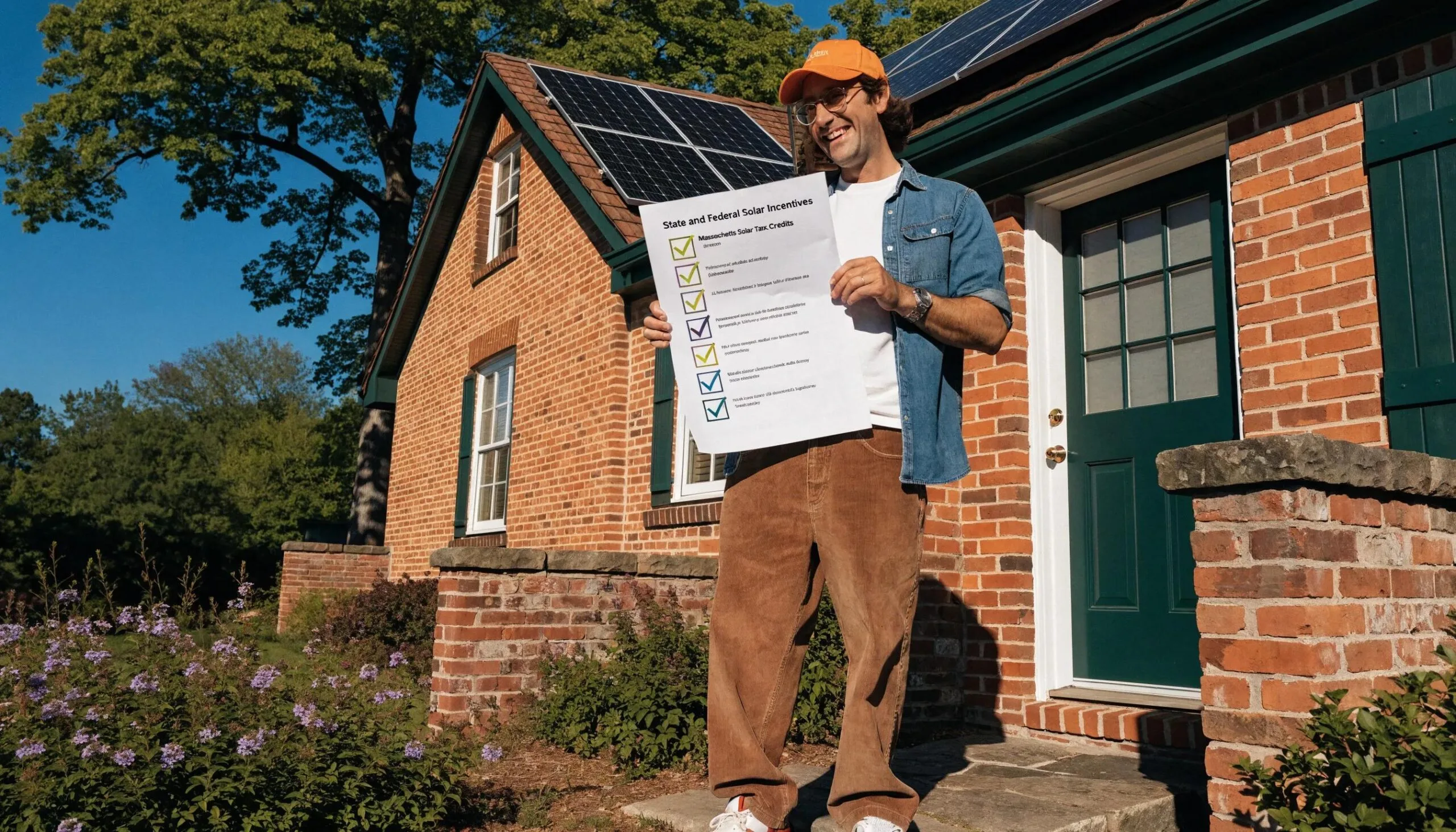 Homeowner displaying solar incentives checklist with rooftop solar panels and house.