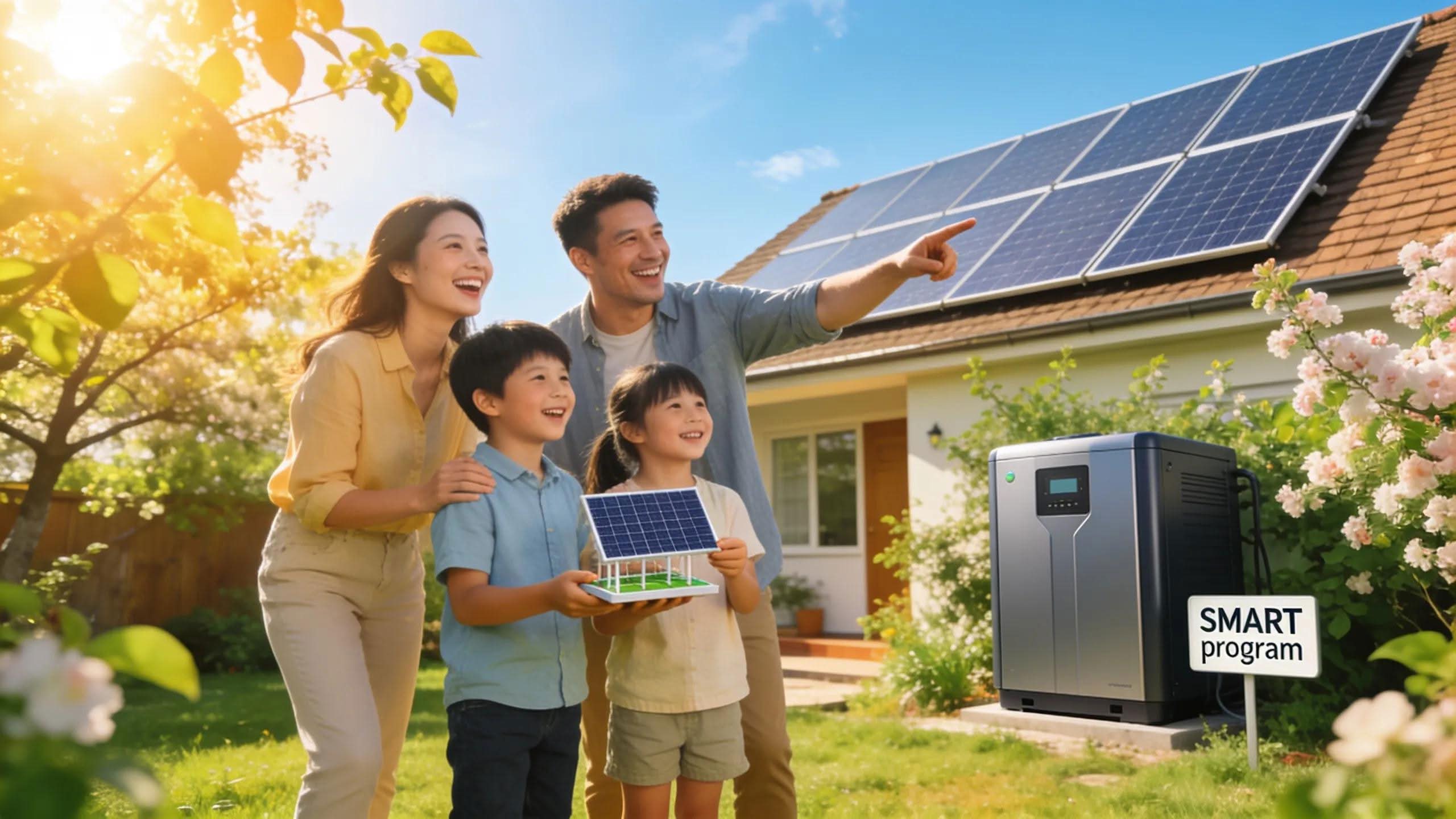 Family benefiting from the SMART program with solar panels and energy storage solutions