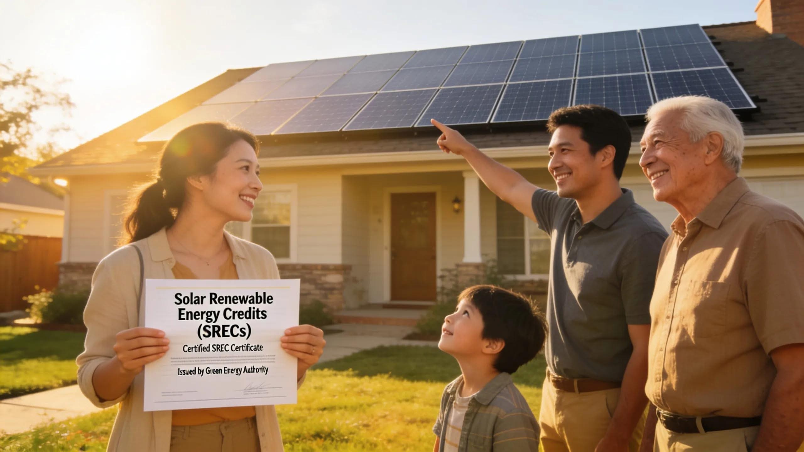 Family engaging with solar panel system, highlighting SRECs and solar energy benefits