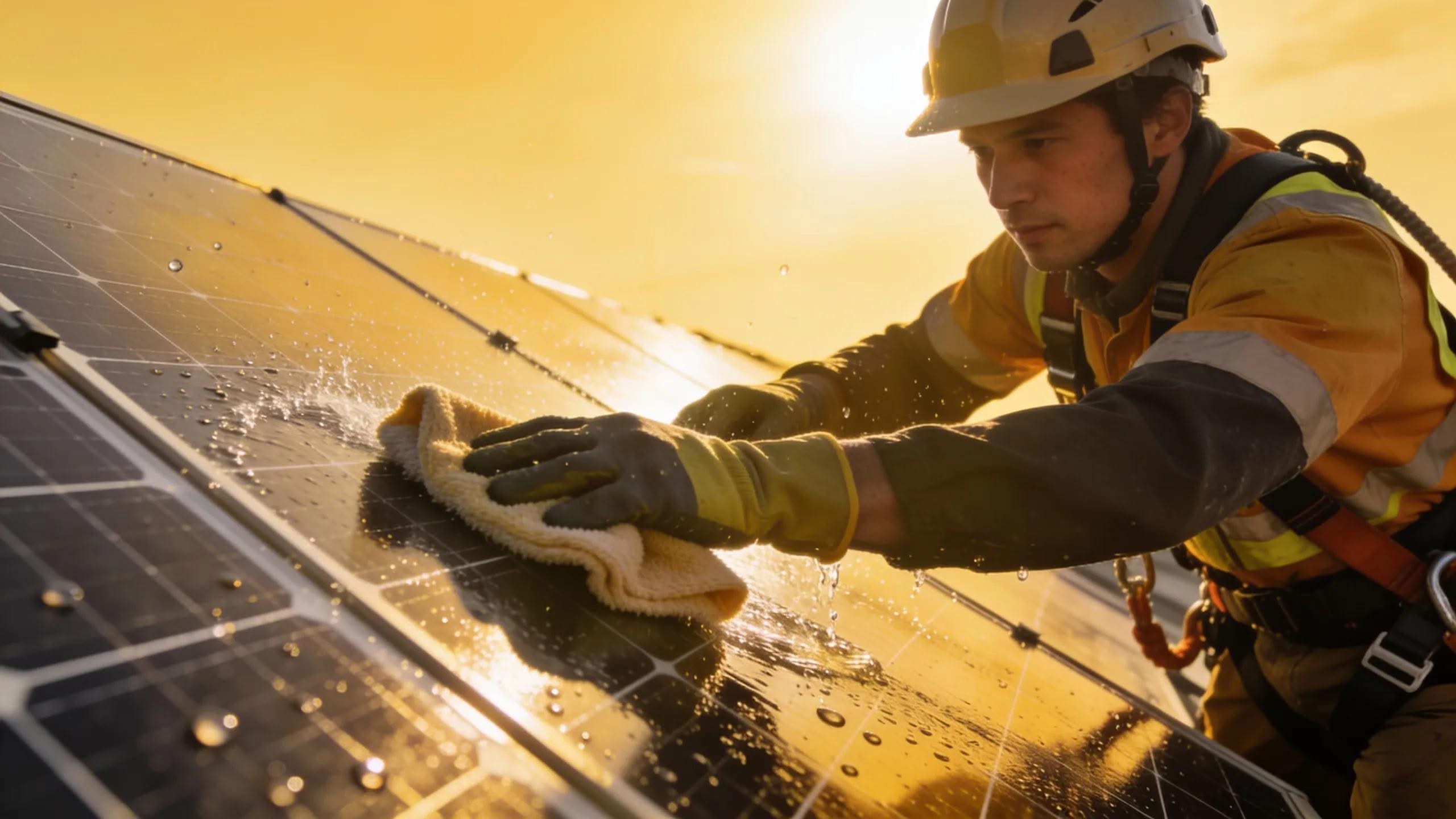Solar panel maintenance worker cleaning solar panels with a cloth, ensuring optimal performance.