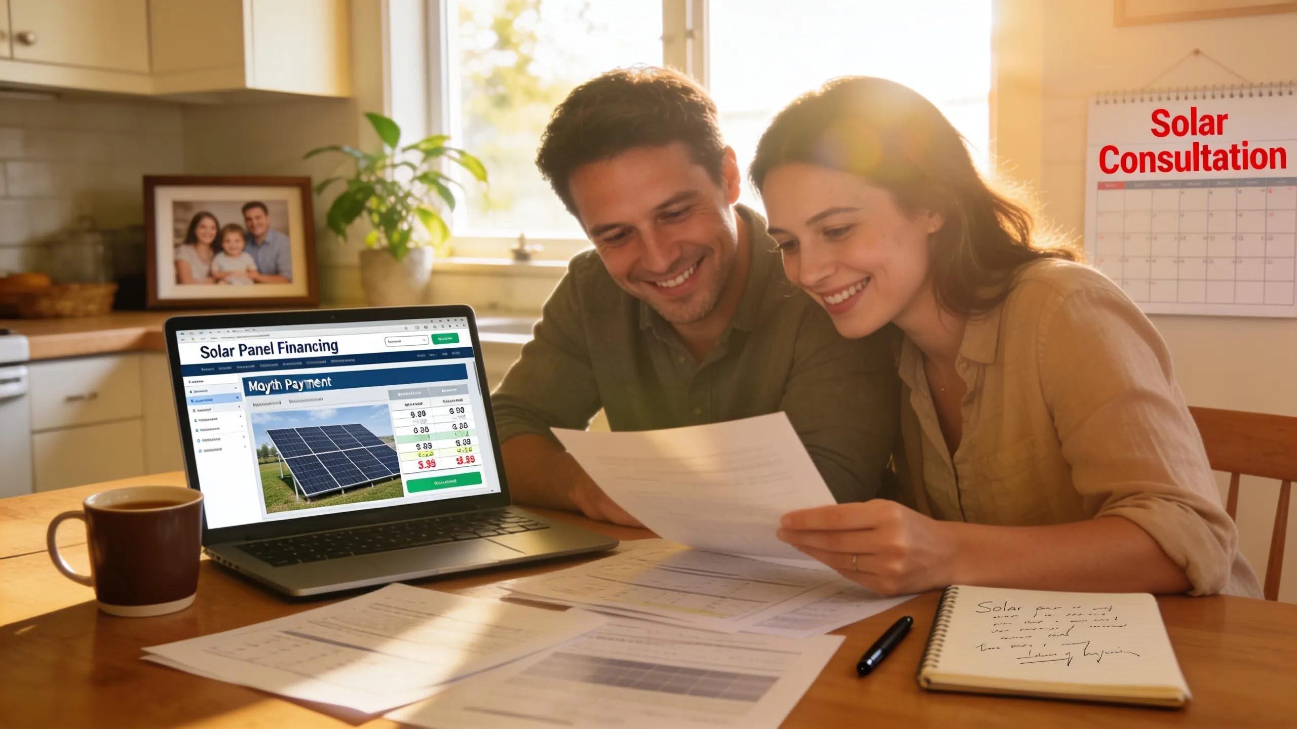 Homeowners reviewing solar panel financing options on laptop, discussing monthly payments and potential savings.