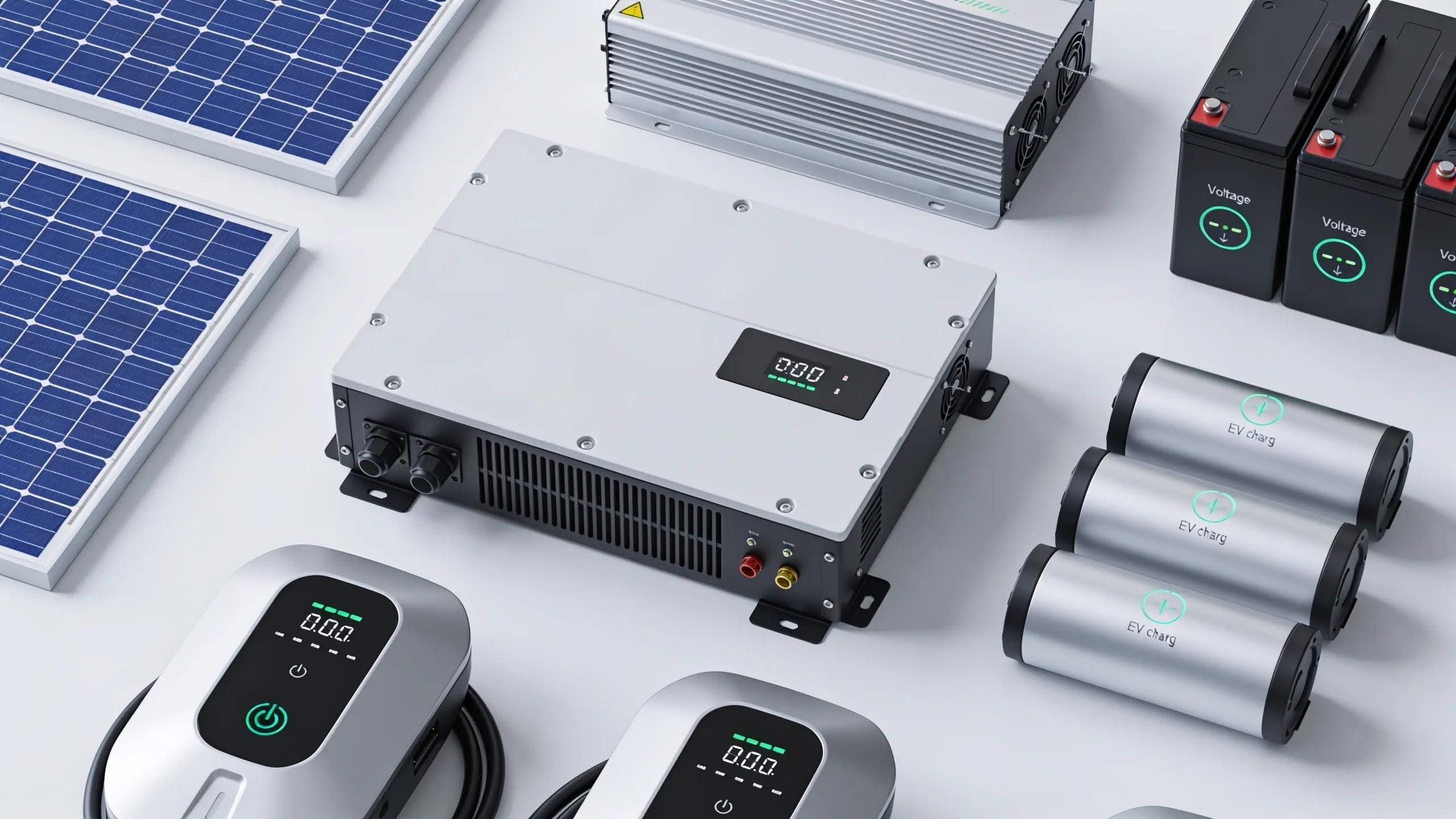 Collection of solar energy equipment for EV charging, including panels, inverters, and chargers for installation