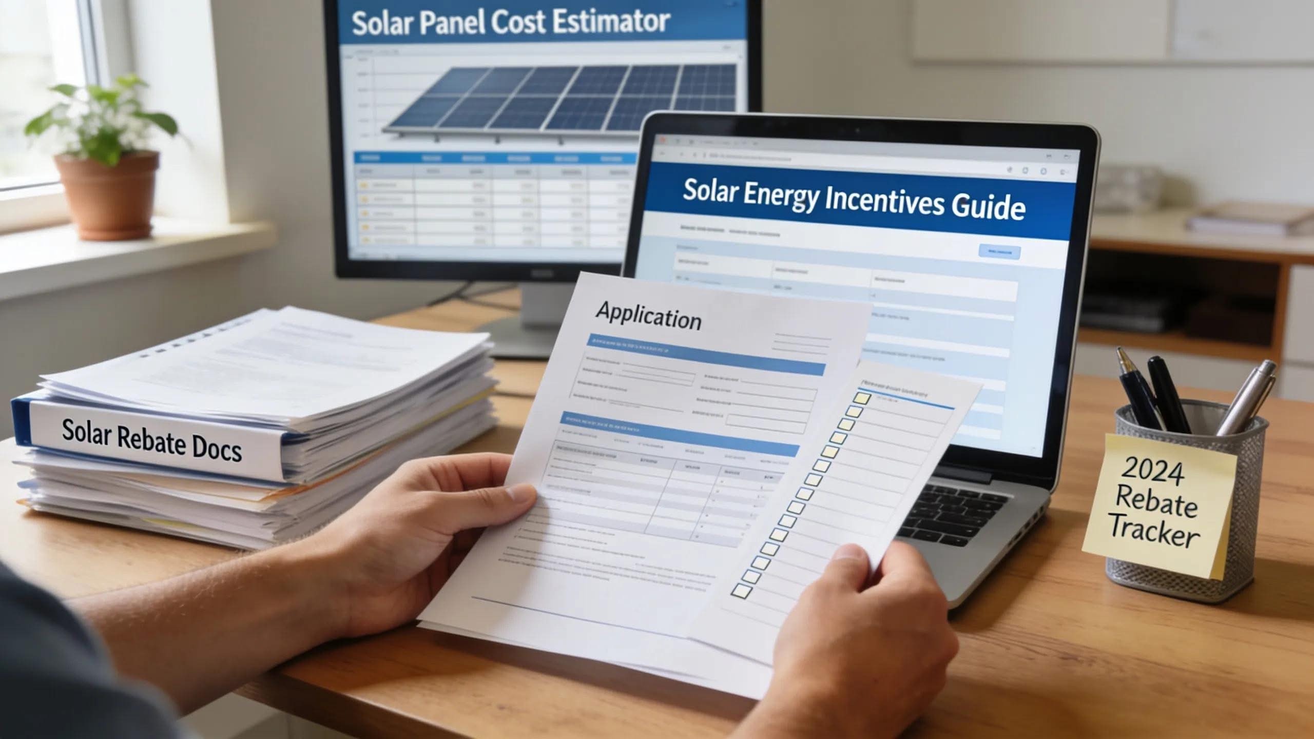 Solar rebate application and guides on laptop screen, illustrating Massachusetts solar incentives process.