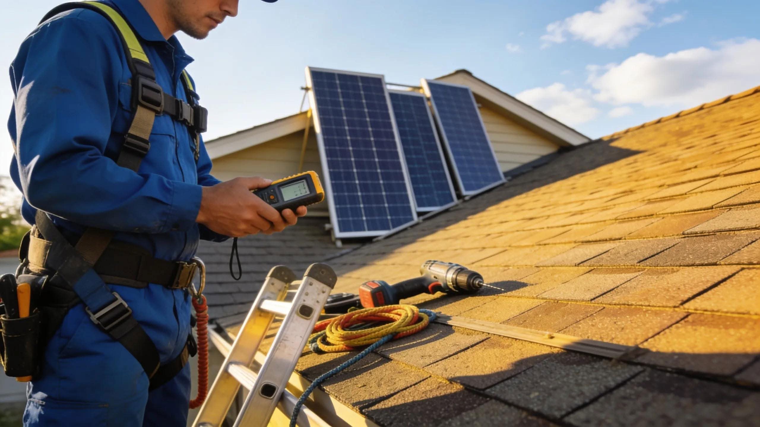 Solar panel installation technician inspecting residential solar system on Massachusetts roof.