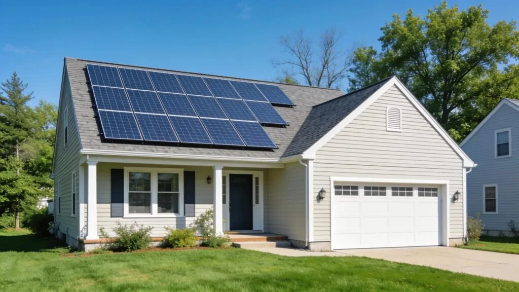 Home with solar panels, energy upgrades, and savings for Rhode Island homeowners.