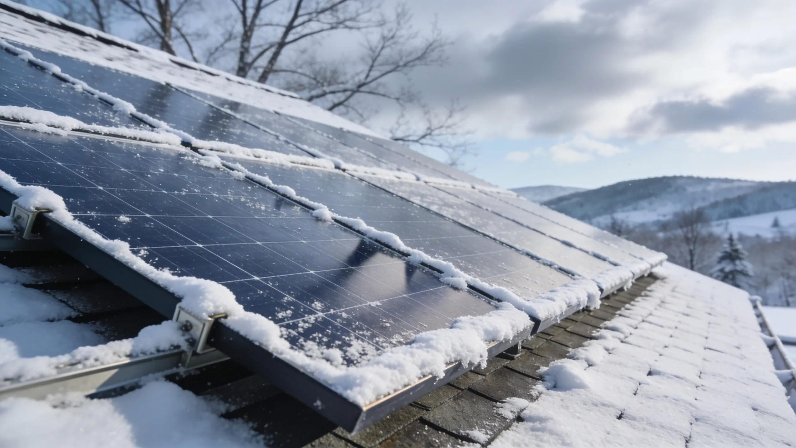 Snow-covered solar panels on a New England rooftop illustrating winter conditions and performance