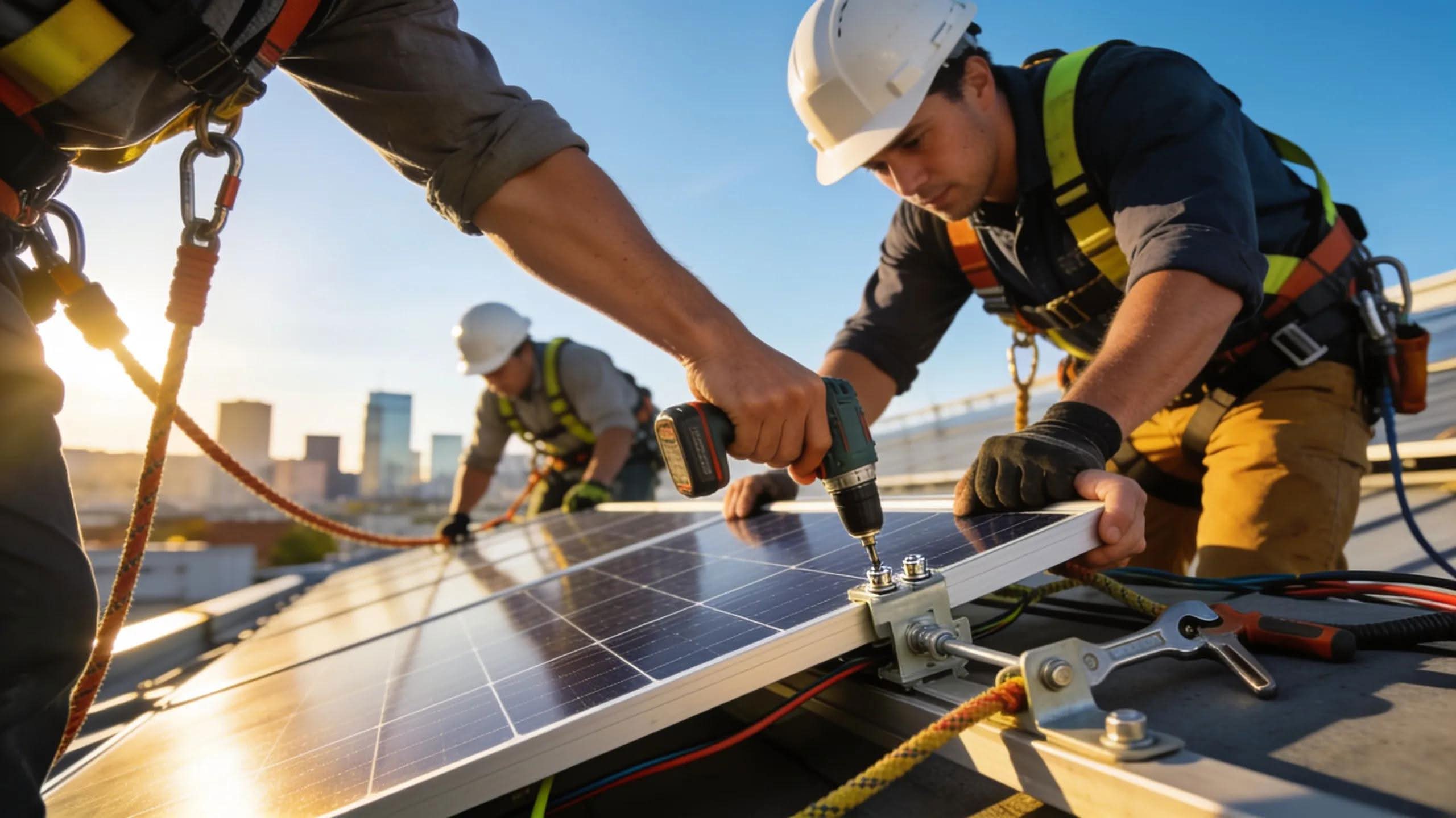 Solar panel installation in Massachusetts, Rooftop Power crew securing solar panels on rooftop.