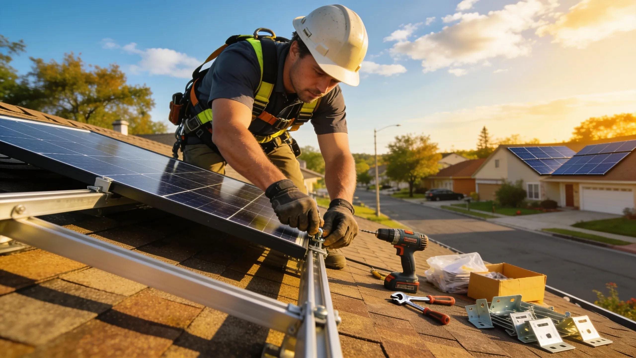 Solar panel installer working on residential roof, Rooftop Power installation in Massachusetts.