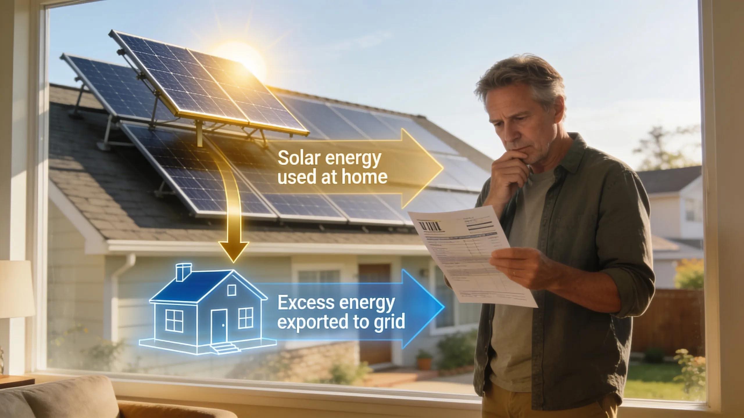 Homeowner examining utility bill with solar panels, illustrating net metering concept