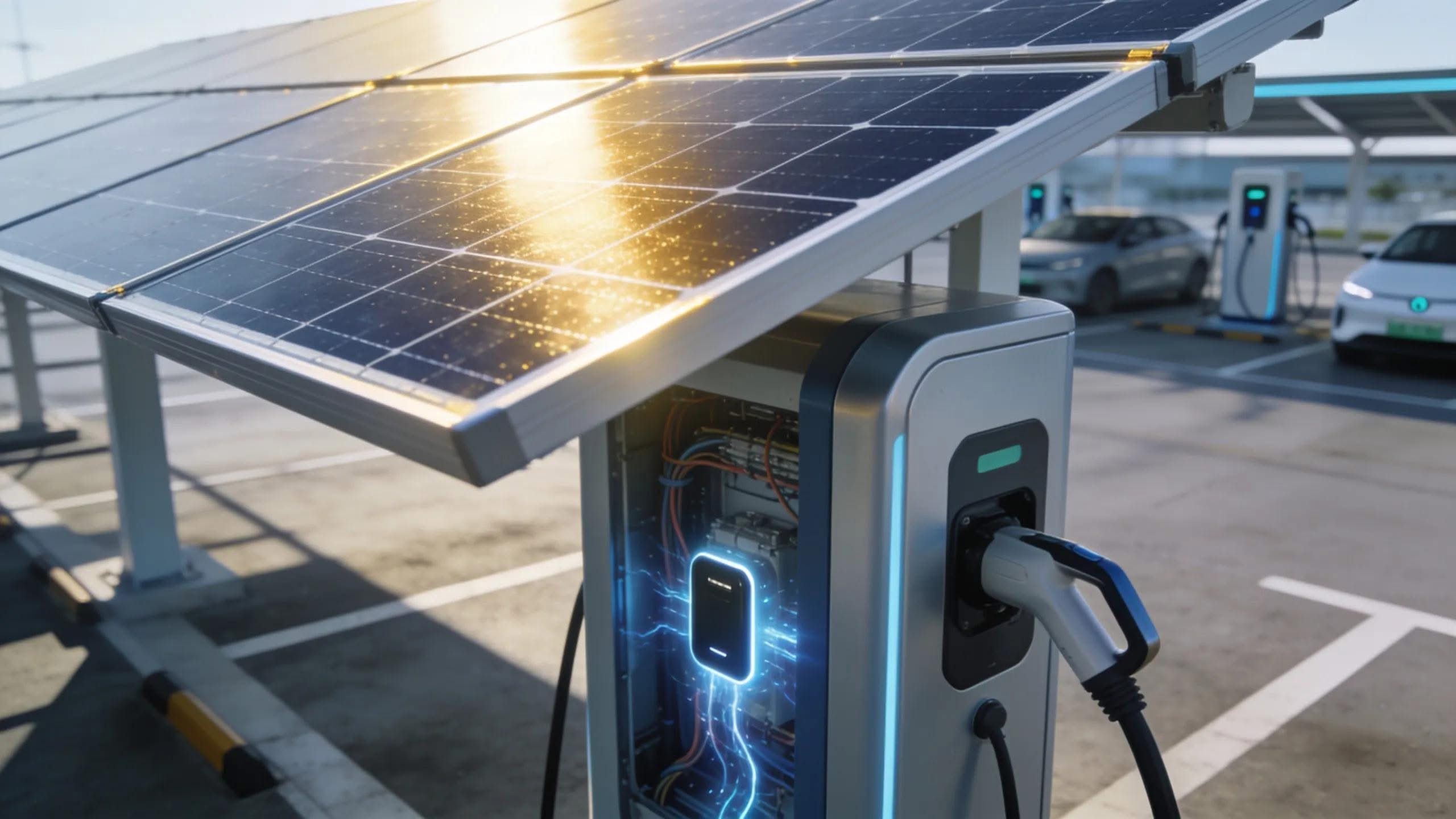 Photovoltaic solar cells powering an electric vehicle charging station, highlighting solar energy generation