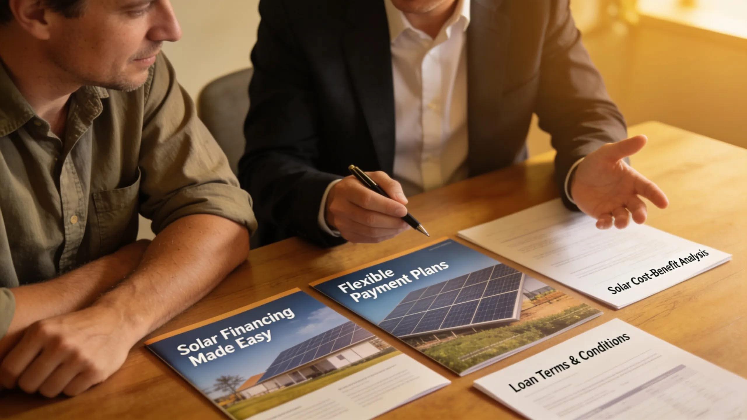 Two professionals discussing solar financing options and cost-benefit analysis.