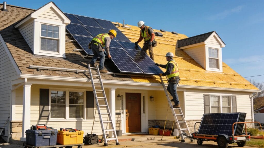 Roof replacement and solar panel installation at a Rhode Island home showcasing modern renewable energy solutions