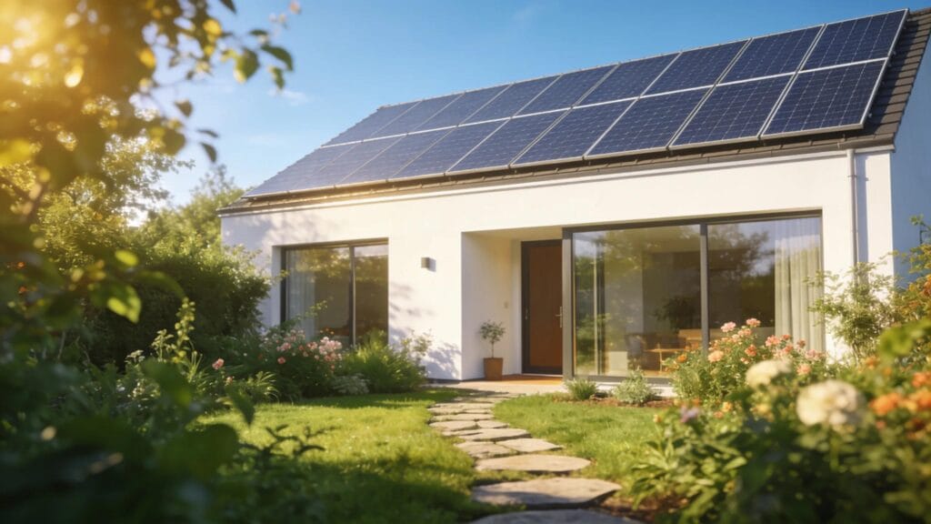 Modern house with solar panels promoting sustainable energy solutions