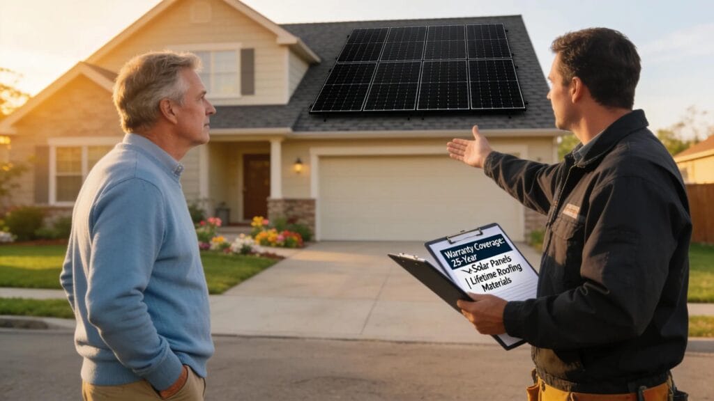 Homeowner consulting with contractor about roof and solar warranties