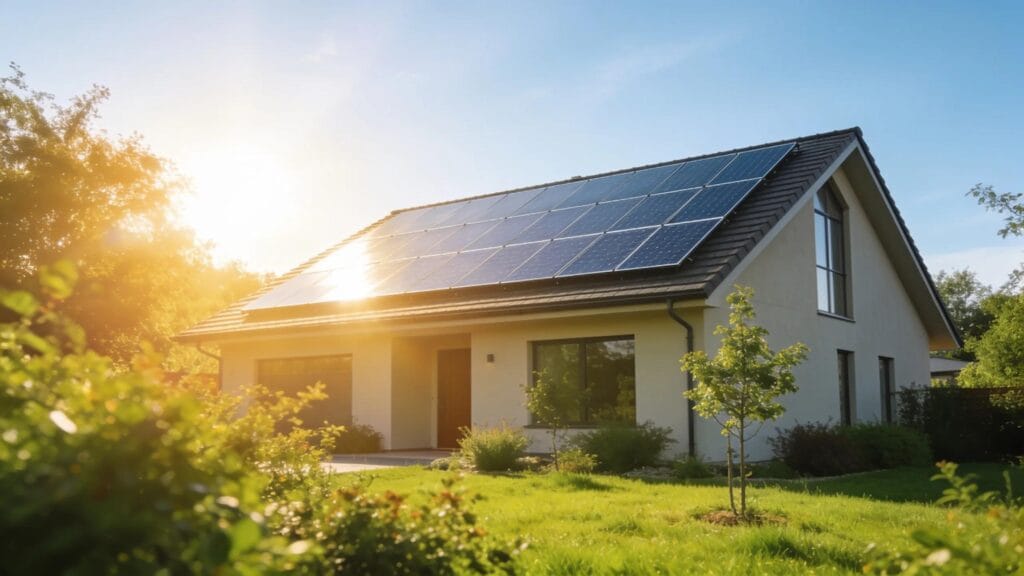 Modern home with solar panels on roof under bright sunlight, symbolizing renewable energy transition