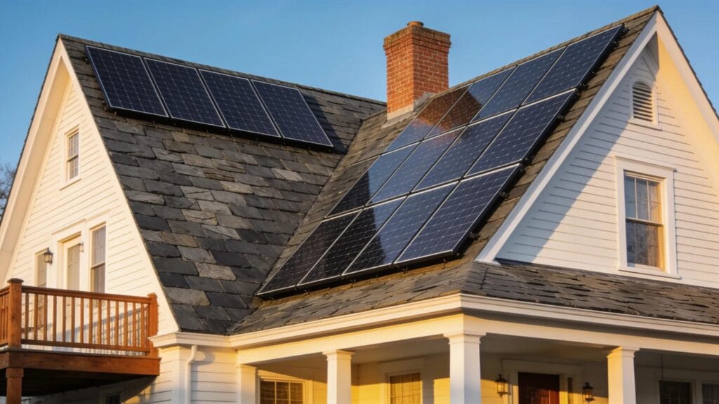 House with solar panels, emphasizing roofing materials' importance in solar installations