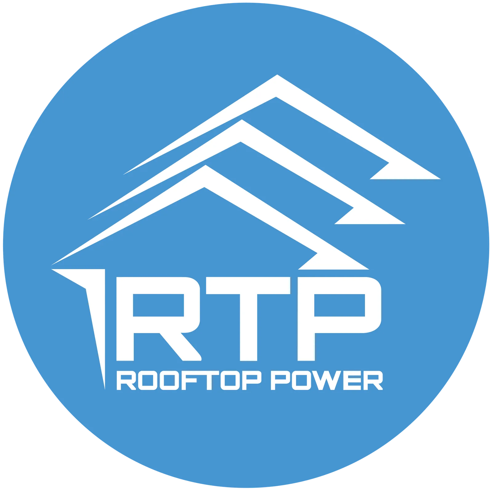 Blue circle Rooftop Power logo with a house and RTP